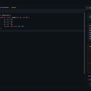 Może przedstawiać: Ciemny interfejs kodowania z tekstem "CodeCrack AI" u g&oacute;ry. Interfejs wyświetla kod, wyniki oceny i wskaz&oacute;wki dotyczące optymalizacji. Fragment kodu służy do zamiany dw&oacute;ch liczb.