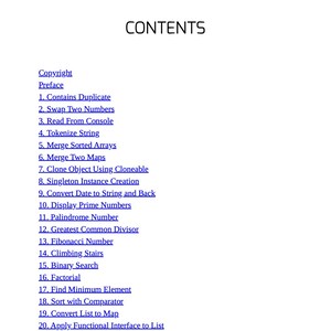 May include: A white page with the title "CONTENTS" in black, followed by a list of topics including "Contains Duplicate", "Swap Two Numbers", and "Fibonacci Number". The text is in a sans-serif font.