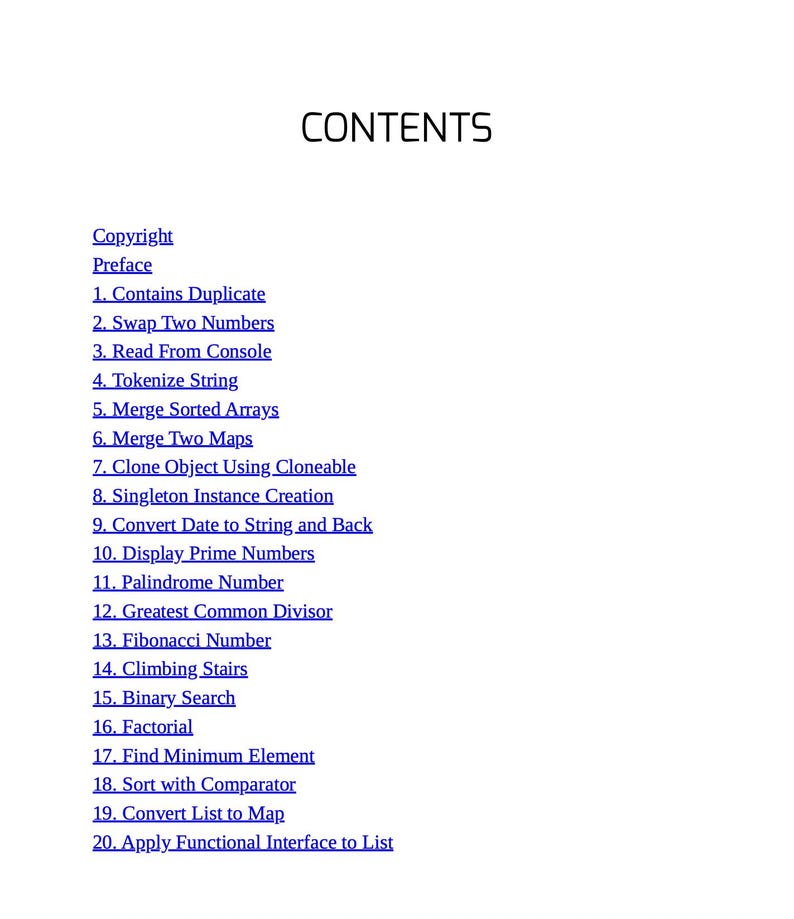 May include: A white page with the title "CONTENTS" in black, followed by a list of topics including "Contains Duplicate", "Swap Two Numbers", and "Fibonacci Number". The text is in a sans-serif font.