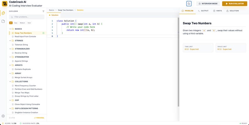Może przedstawiać: Ekran komputera wyświetla interfejs kodowania. Lewa strona pokazuje menu z opcjami takimi jak "Basics" i "Arrays". Prawa strona pokazuje kod do zamiany dw&oacute;ch liczb, z tekstem "Swap Two Numbers" u g&oacute;ry.
