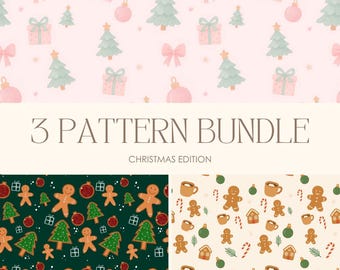 May include: A digital art bundle featuring three Christmas-themed patterns. The patterns include pastel pink backgrounds with Christmas trees, gifts, and ornaments. Other patterns feature gingerbread men, trees, and coffee cups.