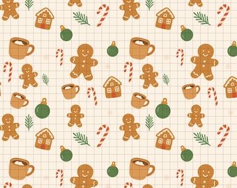 Può includere: Un motivo ripetuto di illustrazioni a tema natalizio. Il design include omini di pan di zenzero, casette di pan di zenzero, tazze di cioccolata calda, bastoncini di zucchero, ornamenti verdi e rametti di sempreverdi su uno sfondo a griglia.