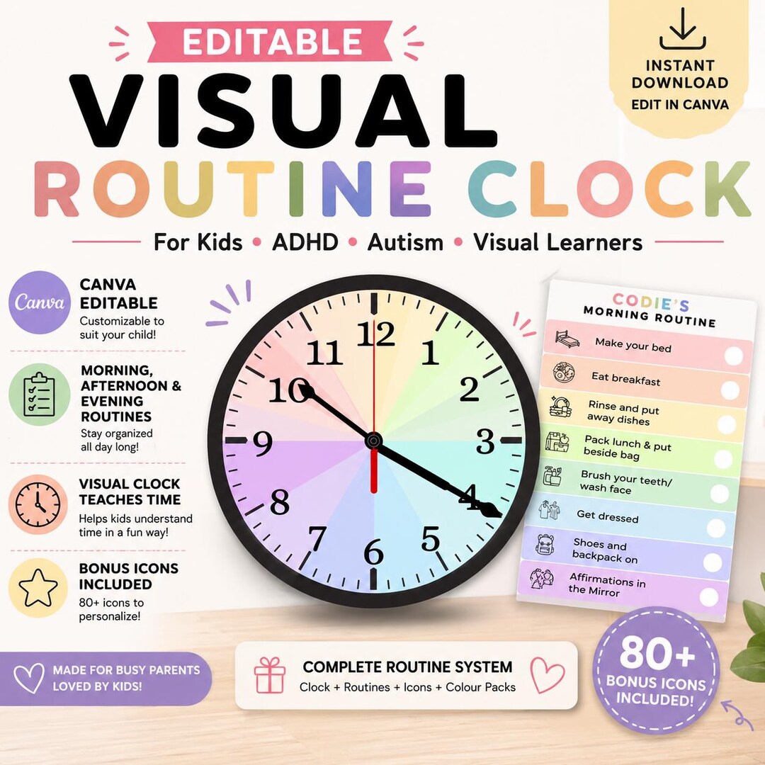 Editable Kids Visual Schedule Clock | ADHD Routine Chart & Checklist ...