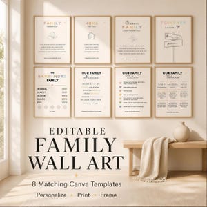 Editable Family Wall Art Bundle | Personalized Gallery Wall | Neutral Home Decor | Family Values, Rules & Mission Printable | Canva Template