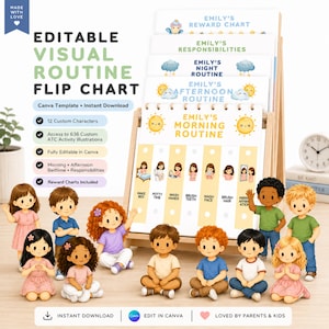 May include: An editable visual routine flip chart on a wooden stand, featuring pages titled Emily's Reward Chart, Responsibilities, Night, Afternoon, and Morning Routine. Eleven cartoon character figurines are arranged in front of the chart.