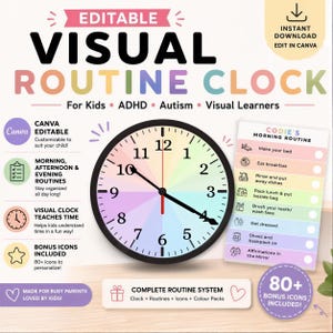 Tableau des routines visuelles pour enfants, calendrier modifiable du TDAH (modèle Canva) avec icônes
