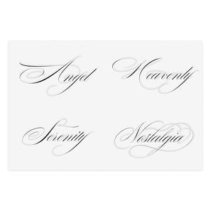 May include: Four words in elegant script: "Angel," "Heavenly," "Serenity," and "Nostalgia." The words are in a flowing, cursive font, with a subtle shadow effect, set against a plain white background. The overall aesthetic is delicate and refined.