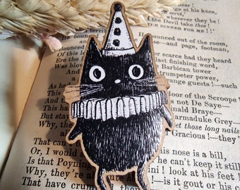 Simon the Clown Cat Wooden Pin Badge- black cat cute fantasy pin