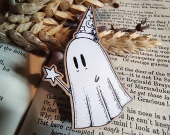 Wizard Ghost Wooden Pin Badge- Spooky fantasy Pin