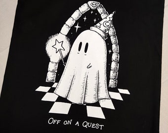 Wizard Ghost Tote Bag- Off On A Quest Screenprinted Black Cotton Tote