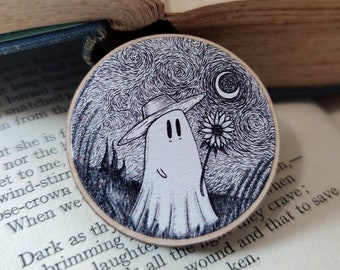 Vincent Van Ghost Wooden Pin Badge- spooky art pin