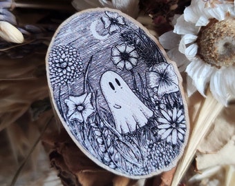 Meadow Ghost Wooden Pin Badge- spooky cute