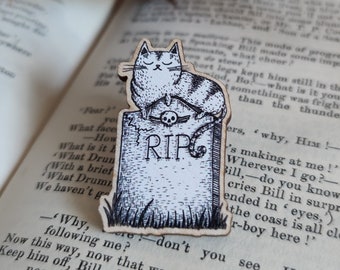 Gravestone Cat Wooden Pin Badge