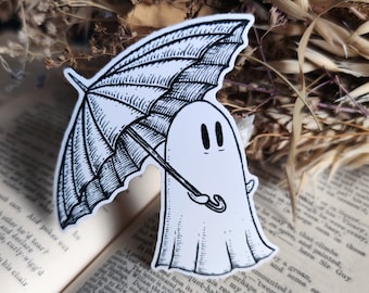 Rainy Day Ghost vinyl sticker- spooky haunted umbrella laptop sticker