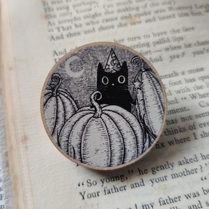 Pumpkin Wizard Wooden Pin Badge- black cat cute fantasy pin