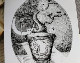May include: A black and white illustration of a bonsai tree with a dragon design on the pot. The tree is in a dark room with a window and a moon in the background. There are small white figures in the branches of the tree.