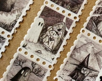 May include: A strip of perforated postage-style stickers featuring black and white ink illustrations. The designs include a ghost, a figure in a sailor outfit, a creature in a small boat, and a hooded character with a pointed hat in a landscape.