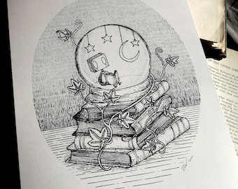 Solitude- robot and books art print by Jon Turner