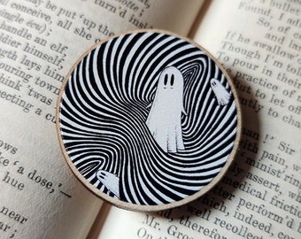 Op Art Ghosties Wooden Pin Badge- spooky trippy