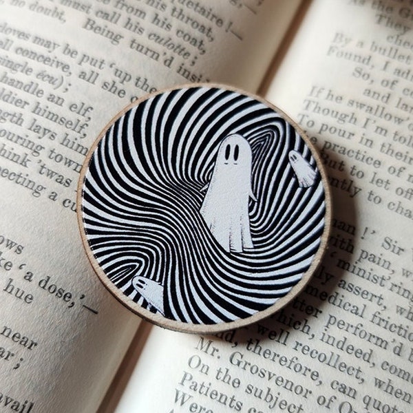 Op Art Ghosties Wooden Pin Badge- spooky trippy