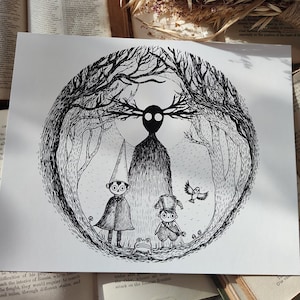 May include: Black and white illustration of two children standing in a forest with a large, shadowy figure with antlers. The children are wearing pointed hats and the figure has a large, empty face.