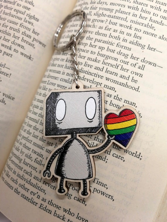 Rainbow Heart Robot wooden keychain- LGBT Pride
