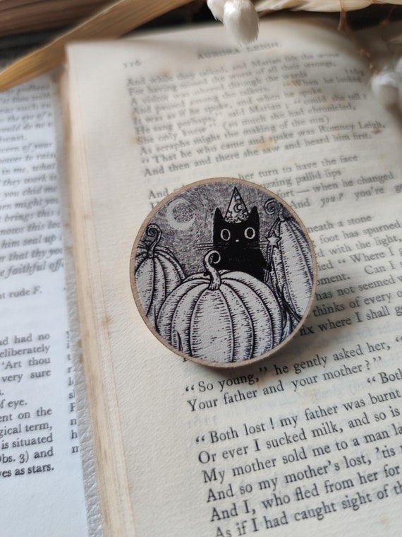 Pumpkin Wizard Wooden Pin Badge- black cat cute fantasy pin