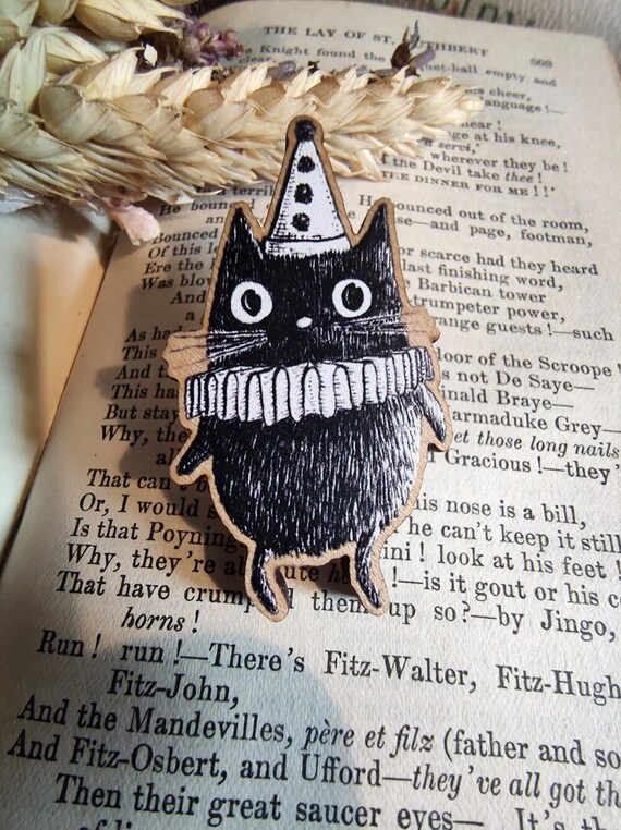 Simon the Clown Cat Wooden Pin Badge- black cat cute fantasy pin