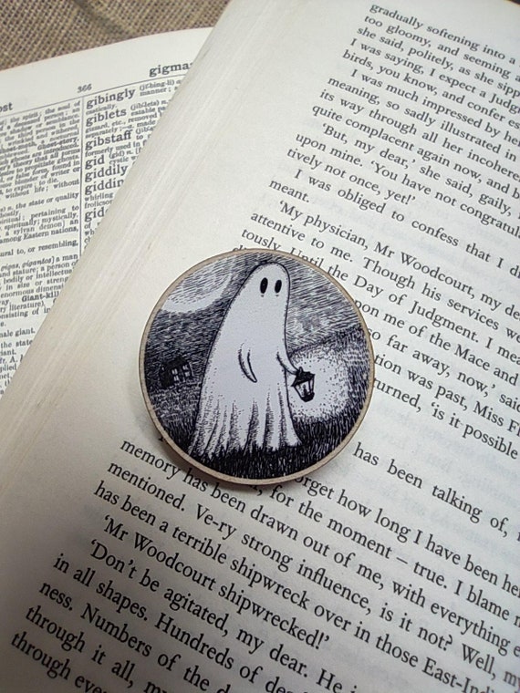 Wandering Ghost Wooden Pin Badge- spooky art pin