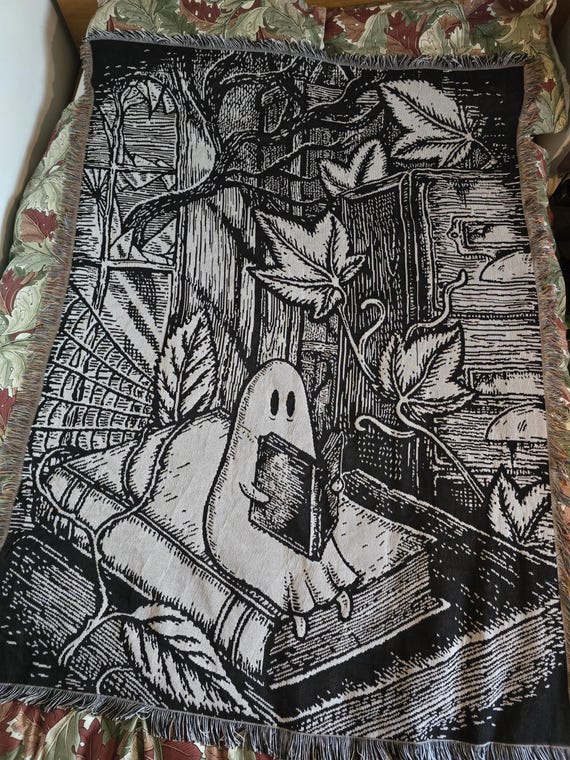 Library Ghost Tapestry- Jacquard Woven Spooky Throw Blanket Wall Hanging