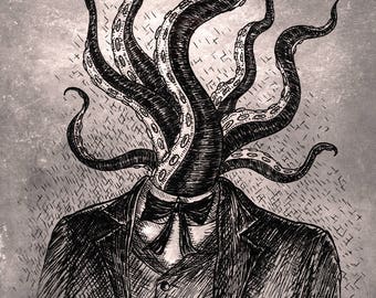 Tentacle Head- art print by Jon Turner- geeky HP Lovecraft pen and ink artwork