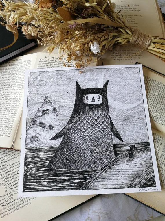 Lonely Sea Monster- Spooky Square Art Print With Poem