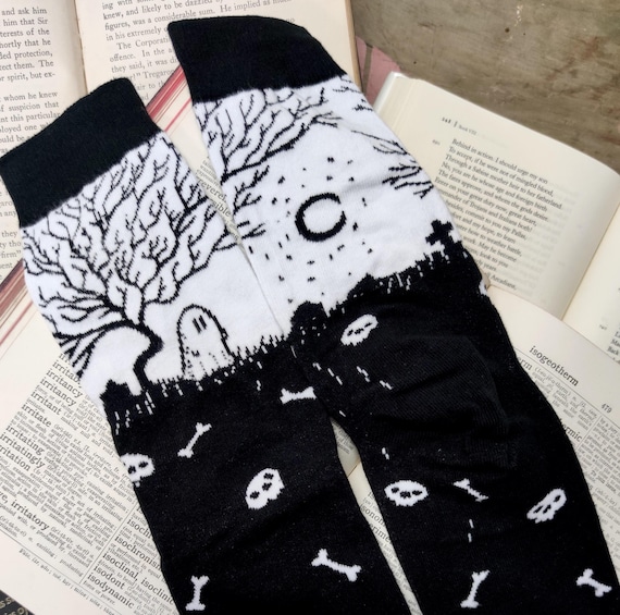 Spooky Socks- Black and White Ghostie Graveyard Crew Socks