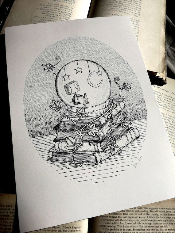 Solitude- robot and books art print by Jon Turner