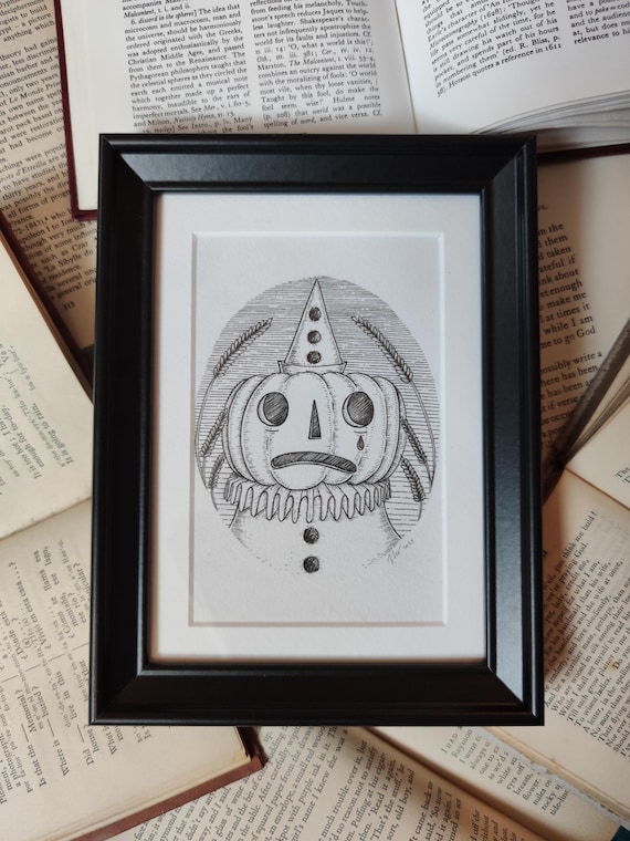 Pumpkin Clown- Original spooky Pierrot ink drawing in frame