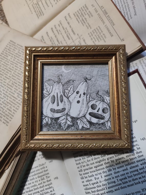 Gourd Gang- Original spooky pumpkins ink drawing in vintage frame