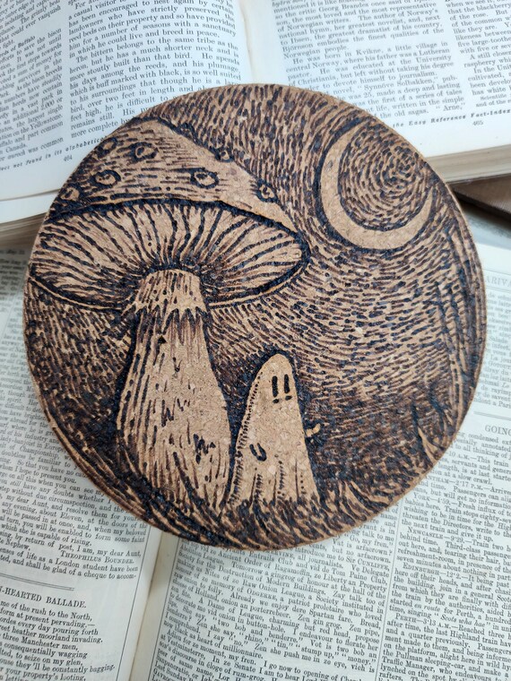 Spooky Mushroom- Pyrography Original Art on Wooden Plaque