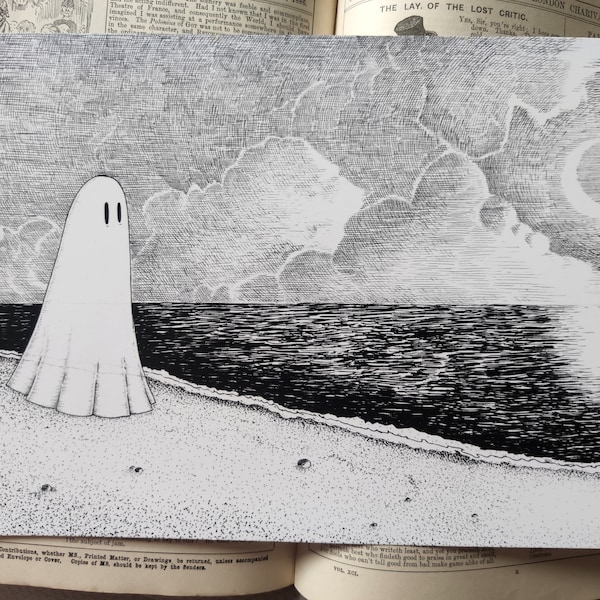 Ghost on a Lonely Beach - spooky art print