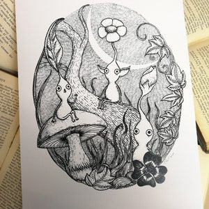 May include: Black and white ink drawing of three whimsical creatures in a forest setting. The creatures are sitting on a mushroom and a tree branch. The drawing is surrounded by leaves and flowers.