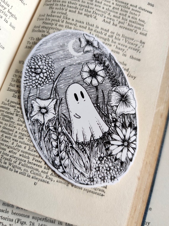 Meadow Ghost vinyl sticker- spooky cute haunted flowers laptop sticker