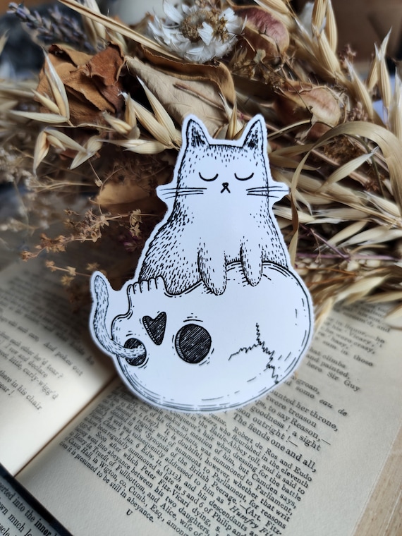 Skull Cat vinyl sticker- spooky cute laptop sticker