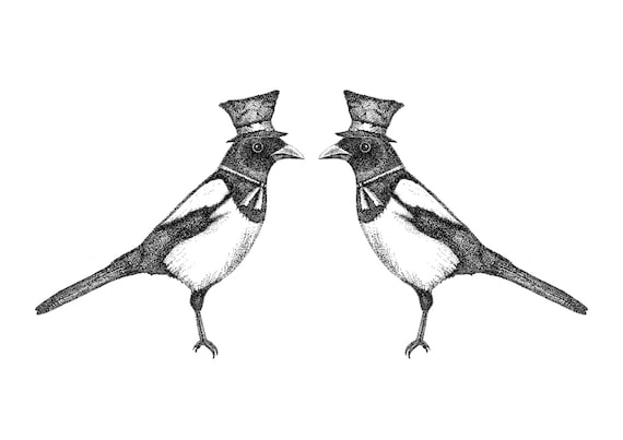 Two for Joy- magpies art print by Jon Turner- pen and ink Victoriana birds artwork