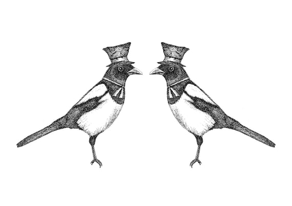 Two for Joy- magpies art print by Jon Turner- pen and ink Victoriana birds artwork