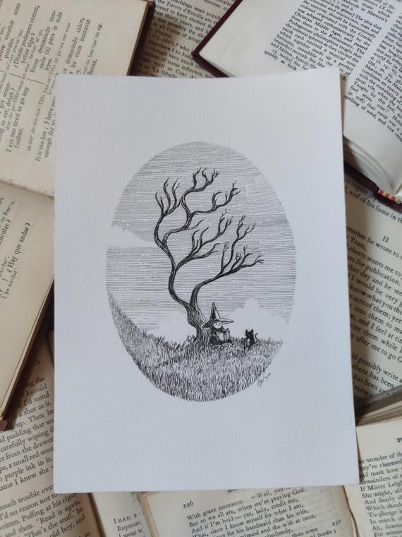 Little Reading Witch- Original ink drawing