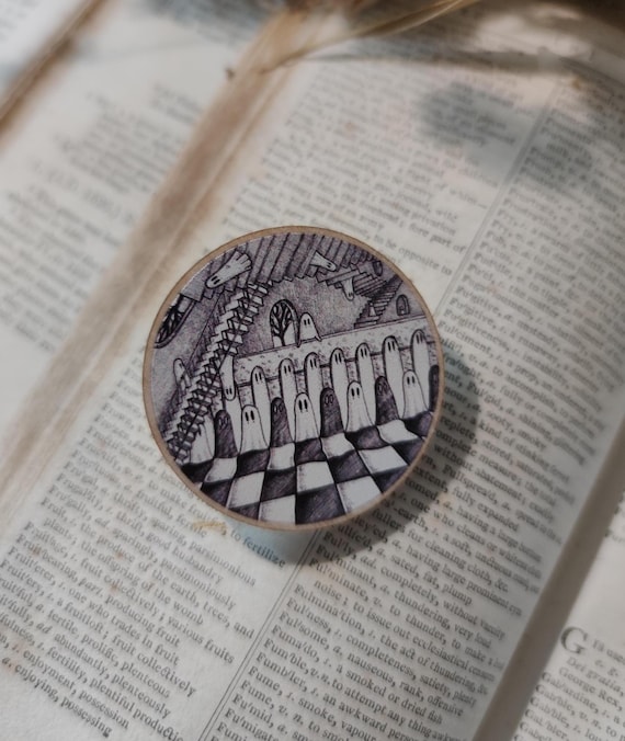 Escher Ghosties Wooden Pin Badge- trippy chess board ghost art