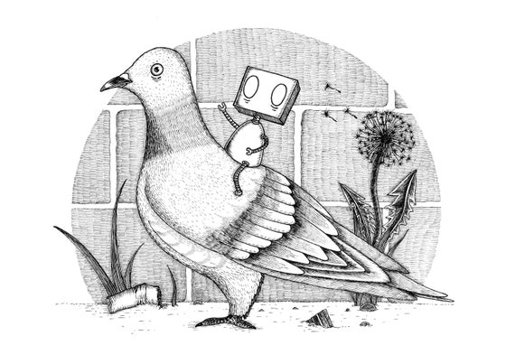 Onward Noble Steed- robot on a pigeon art print