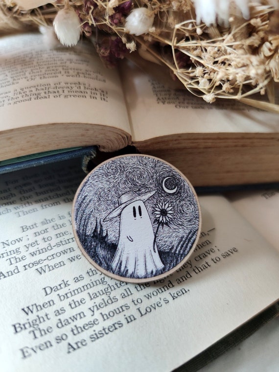 Vincent Van Ghost Wooden Pin Badge- spooky art pin