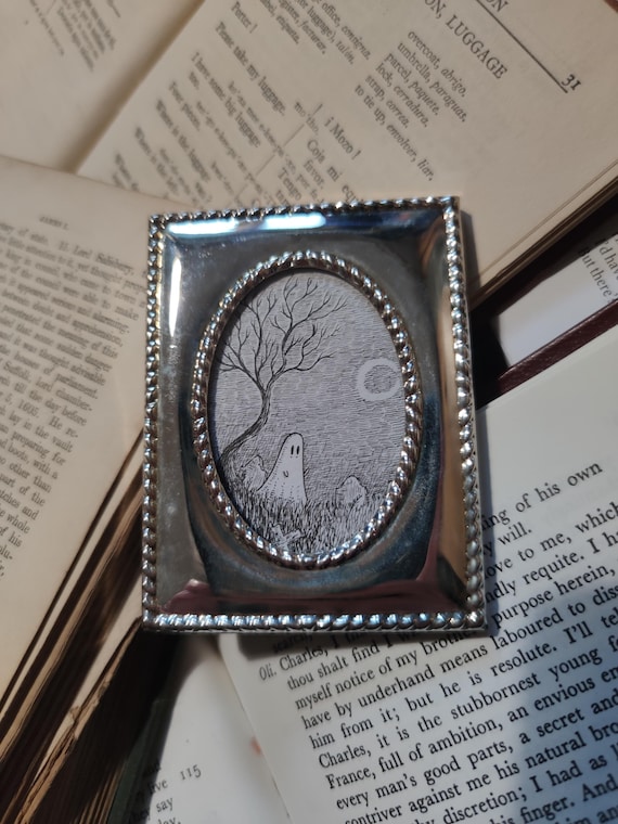 Graveyard ghostie- miniature original ink drawing in silver frame