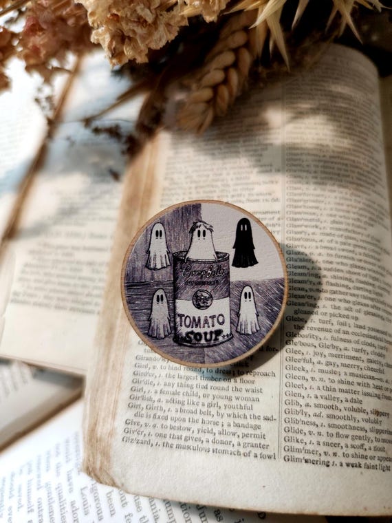 Warhol Ghosties Wooden Pin Badge- pop art soup can ghosts