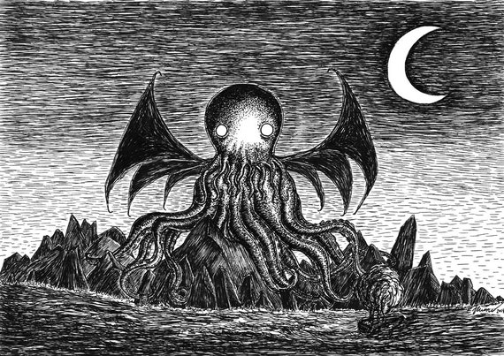 Il richiamo di Cthulhu stampa d'arte di Jon Turner geek hp Lovecraft penna  e inchiostro artwork -  Italia